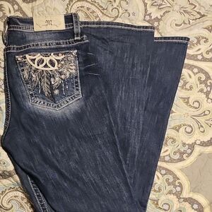 Miss Me Dark Blue Boot Cut Jeans with Silver Embellishments